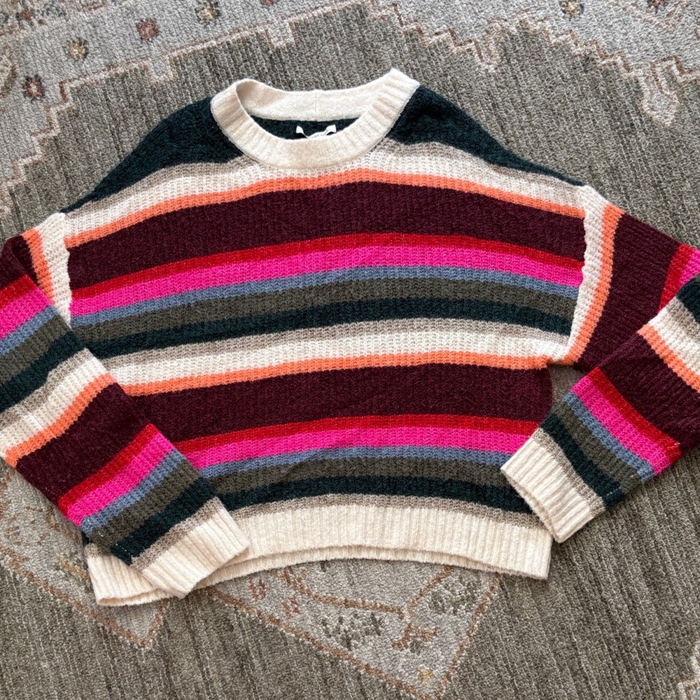 American Eagle Outfitters Multistripe Crewneck Sweater in Cream, Burgundy & Pink